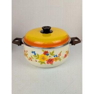 VTG JMP "Sweet Flowers" 5 Quart Enamel Ware Dutch Oven Stew Pot Spain Clean